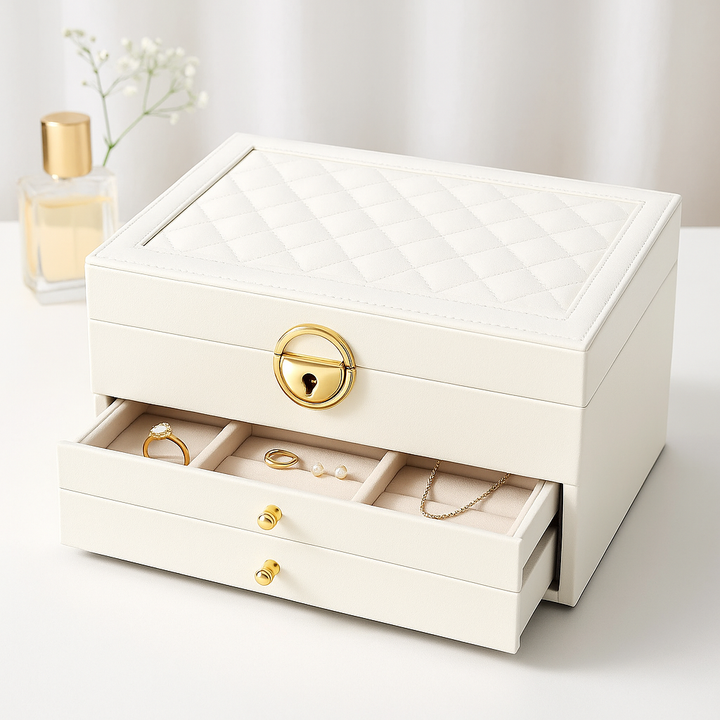 Elegant women's jewellery storage box with multiple drawers & secure lock, ideal compact organiser for vanity.