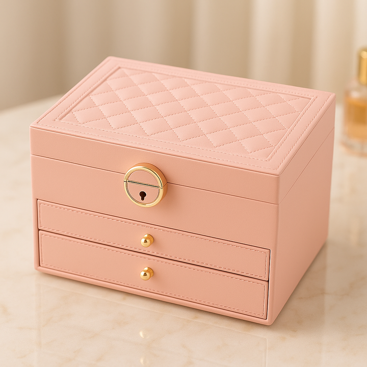 Premium faux leather jewellery organiser with velvet lining, multi-layer drawers & lock for women's accessories.