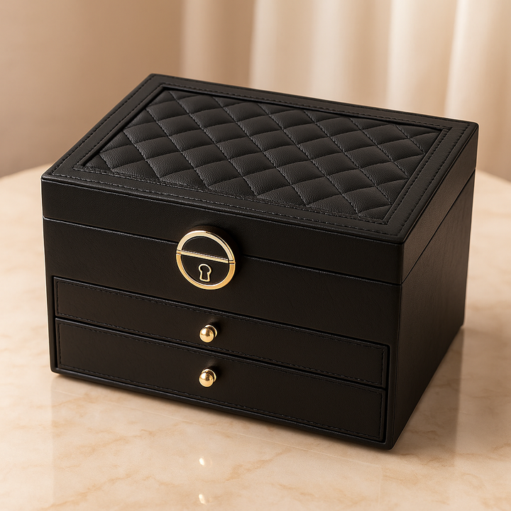 Compact multi-layer jewellery box for dresser, featuring secure lock & drawers, ideal for women's accessory storage.