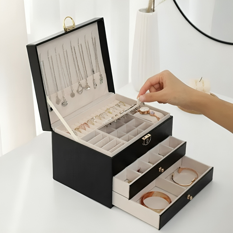 Women's luxury multi-layer jewellery organiser, a premium gift with drawers and lock for precious accessories.