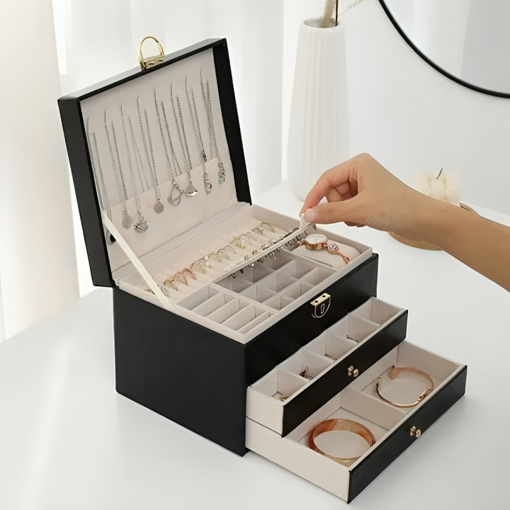 Women's luxury multi-layer jewellery organiser, a premium gift with drawers and lock for precious accessories.