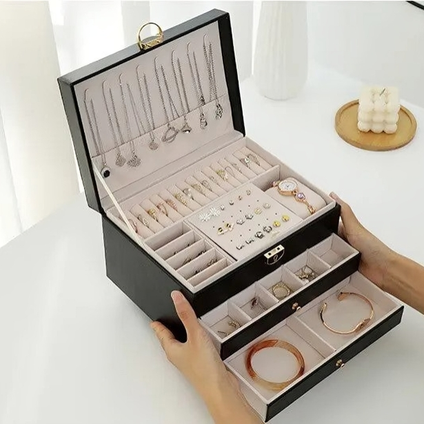 Organise women's accessories in this luxury multi-layer jewellery storage box with secure lock & multiple drawers.