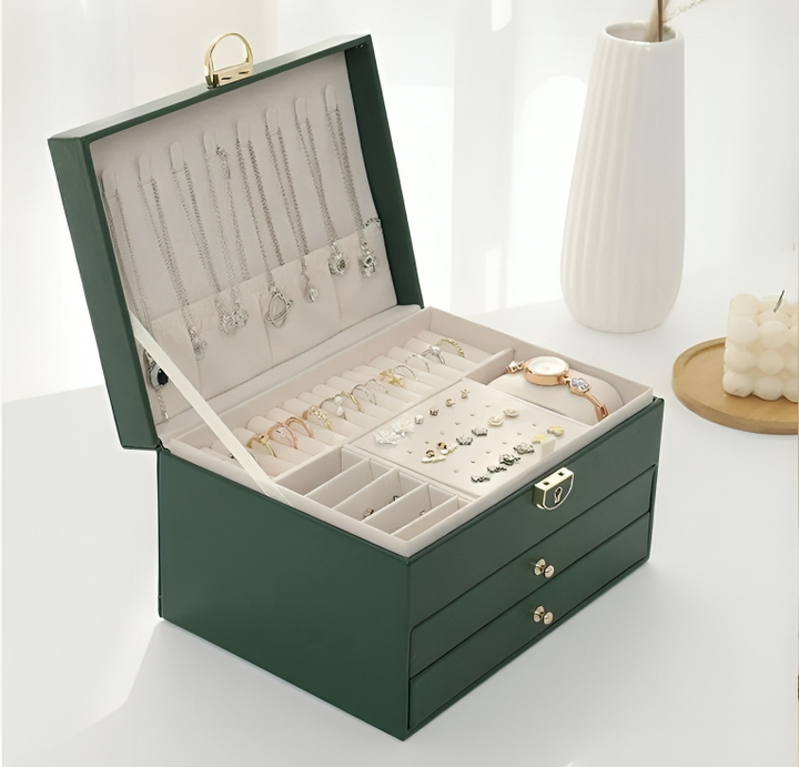 Sophisticated jewellery organiser for women, multi-layer design with spacious drawers & lock, perfect for vanity.