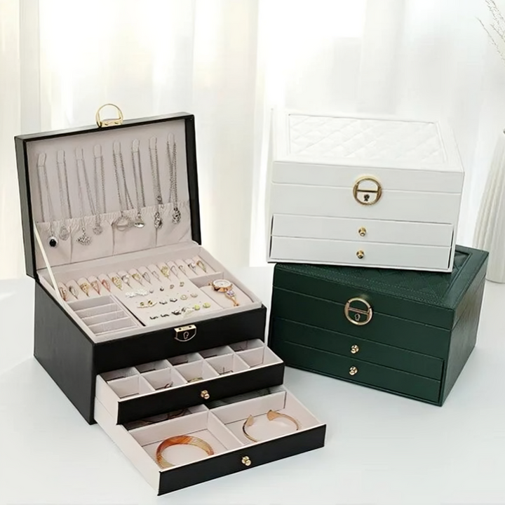 High-end multi-layer jewellery storage box for women, features compact design, secure lock, & ample drawer space.