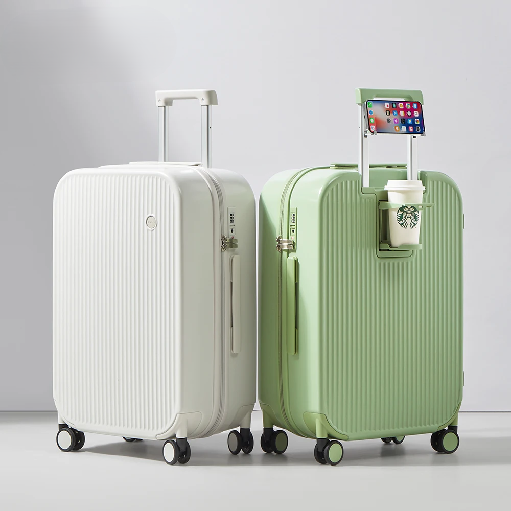 Lyon hard-shell travel suitcase with integrated cup and phone holders, perfect for organized trips.