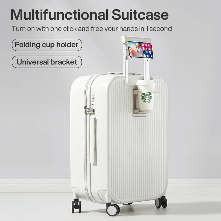 Stylish Lyon hard-shell spinner suitcase with ample space and smart integrated holders for travel convenience.