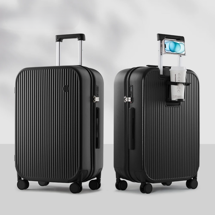 Robust Lyon travel luggage with a hard shell, providing secure storage and easy access via integrated holders.
