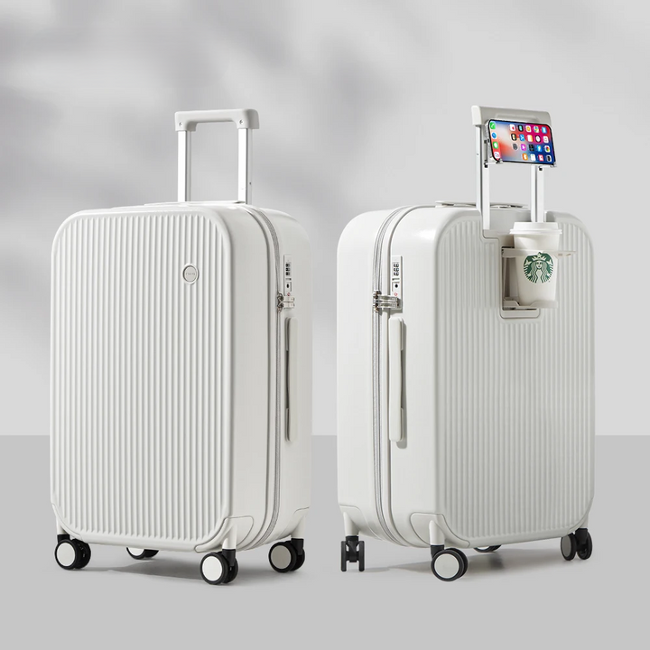 Modern Lyon hard-shell travel case with 360-degree spinner wheels and unique integrated cup holder.