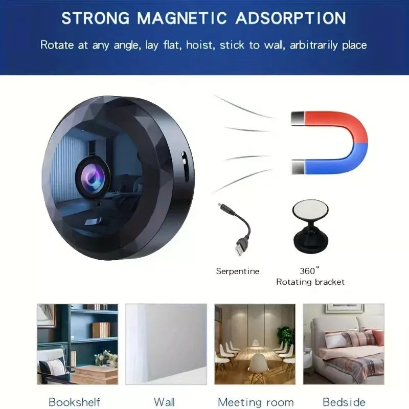 Mini WiFi security camera featuring clear night vision & motion detection for 24/7 discreet home monitoring.