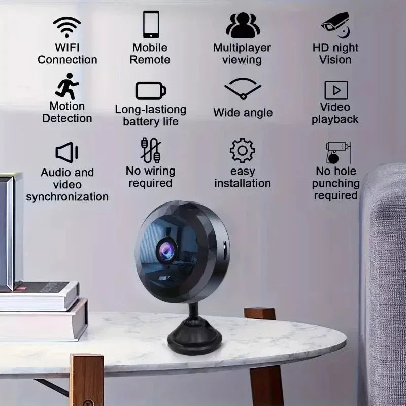 HD mini security camera with motion sensor and wireless WiFi connectivity for smart, discreet surveillance.