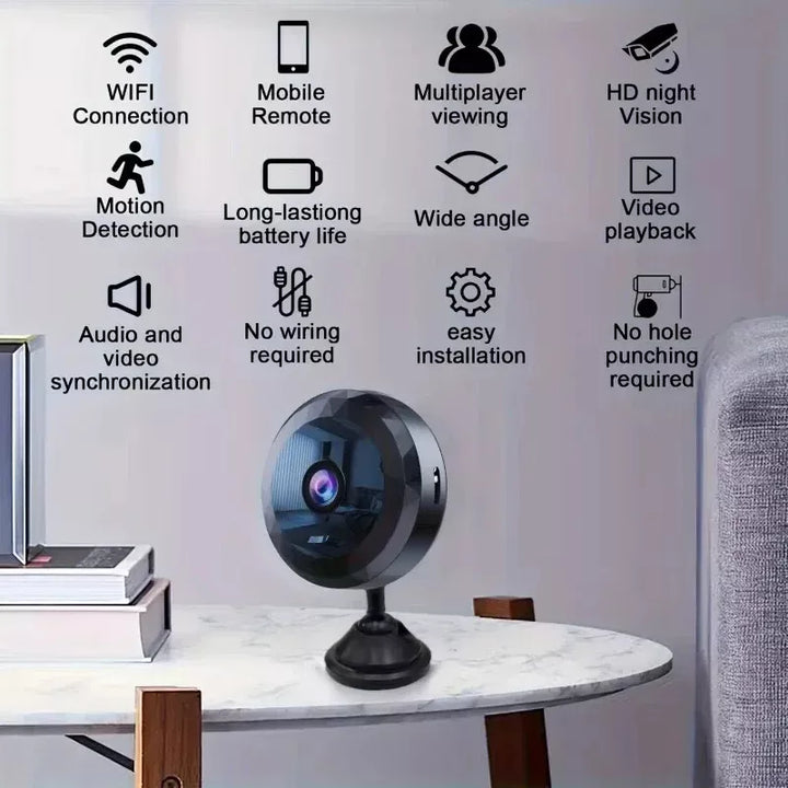 HD mini security camera with motion sensor and wireless WiFi connectivity for smart, discreet surveillance.