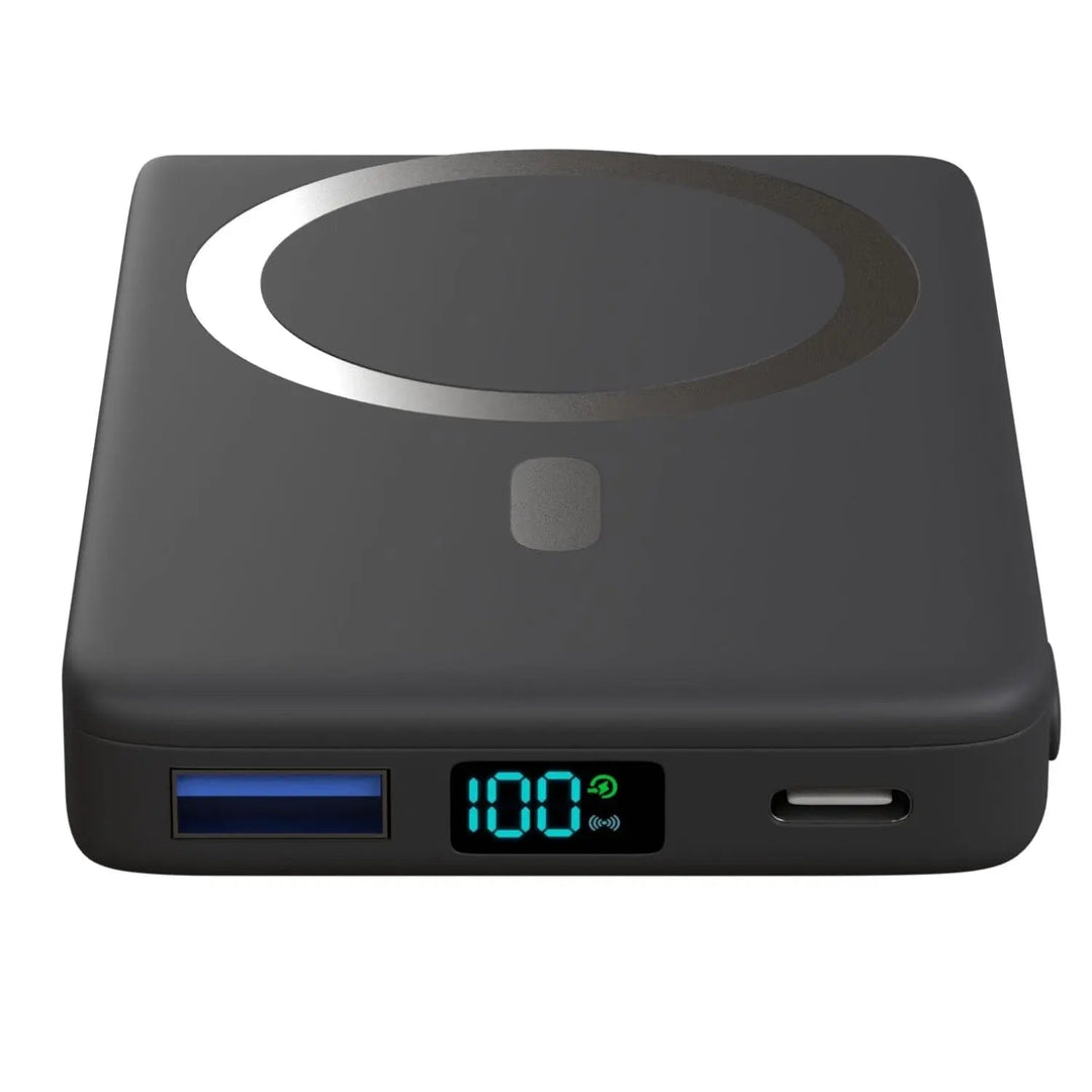 Magnetic iPhone power bank; sleek design, offering reliable portable wireless charging.