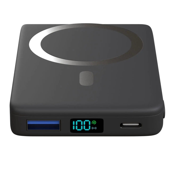 Magnetic iPhone power bank; sleek design, offering reliable portable wireless charging.