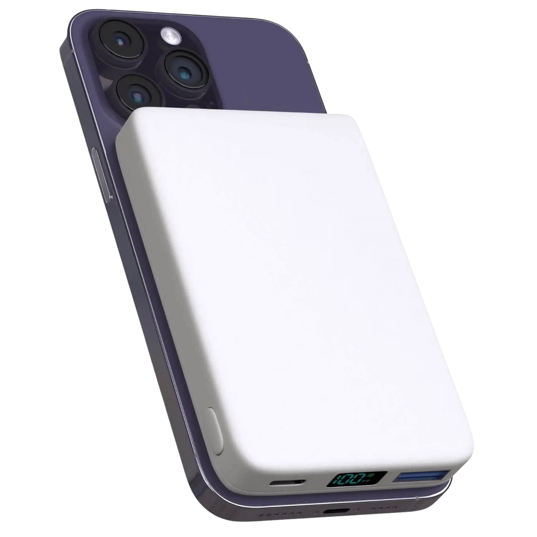 Wireless portable power bank, designed with MagSafe for iPhone fast charging.