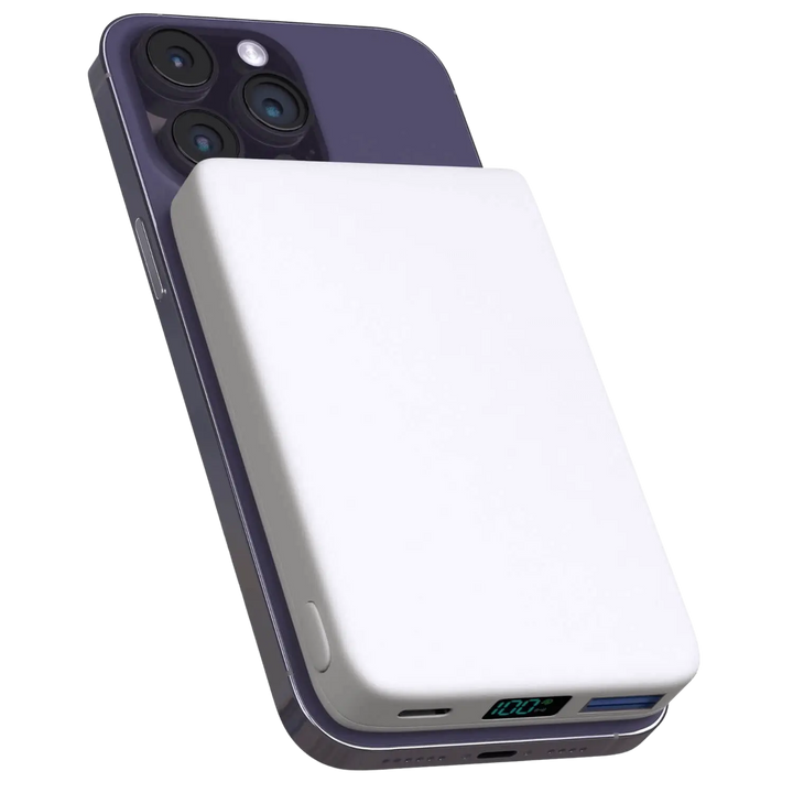 Wireless portable power bank, designed with MagSafe for iPhone fast charging.