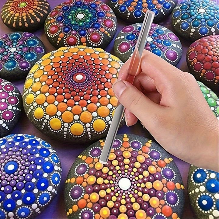 Vibrant Mandala Dotting Tools Set, perfect for creating intricate rock art, stone painting, and DIY craft projects.