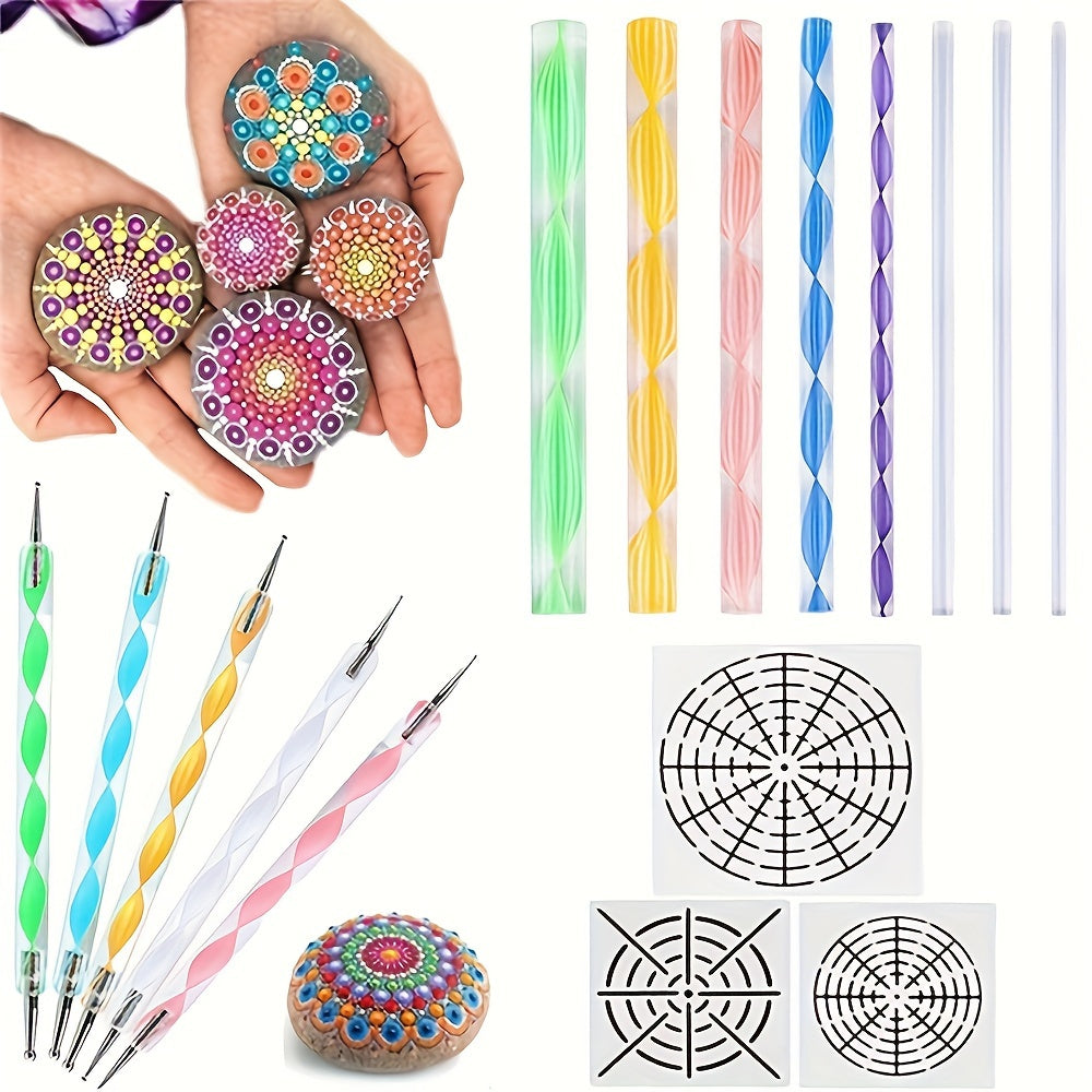 Full Mandala Dotting Tools Set with various acrylic rods & styluses for intricate dot art and creative crafts.