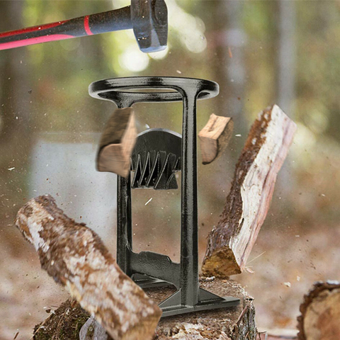 Outdoor wood splitter tool, manually cutting firewood logs for a cozy home heating fire.