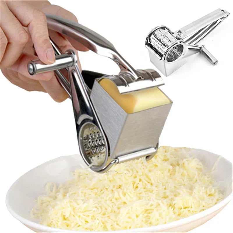 Manual stainless steel cheese grater for effortless kitchen food prep & tabletop serving of cheeses, nuts, chocolate.