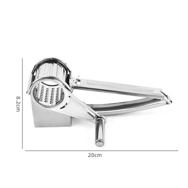 Compact manual cheese grater, stainless steel kitchen tool, ideal for everyday use by home cooks & enthusiasts.
