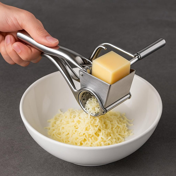 Stylish manual cheese grater for elegant tabletop serving; stainless steel culinary gadget for fresh grated food.