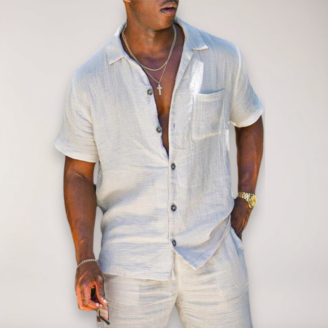 Mason men's relaxed summer two-piece set, short sleeve shirt & shorts, casual beachwear outfit