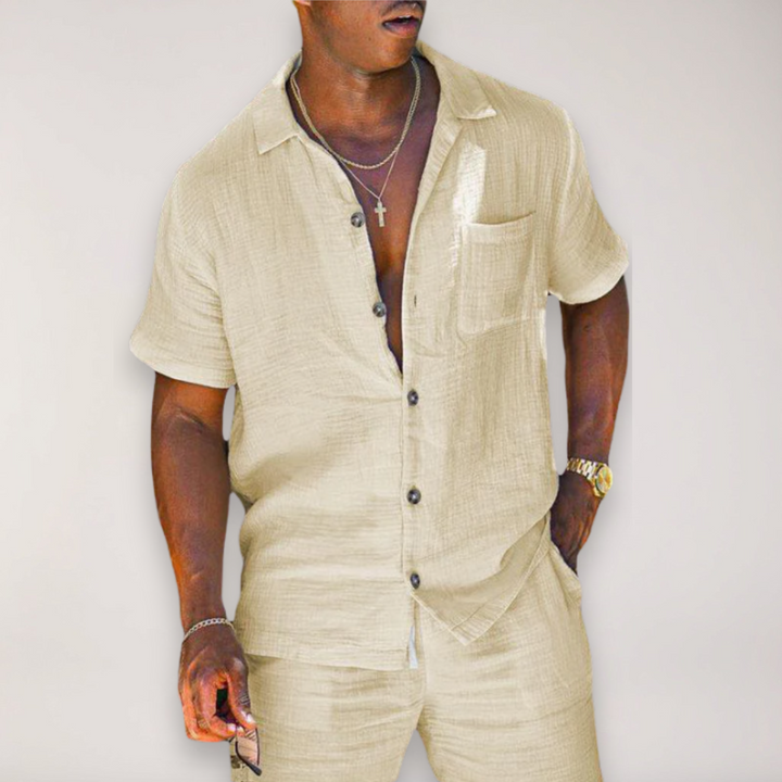 Men's relaxed fit summer two-piece set for vacation, black short sleeve shirt and matching shorts