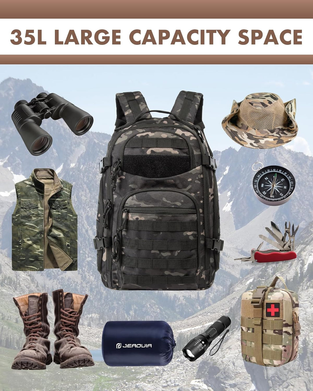 Versatile 35L travel backpack for men. Features MOLLE web system & 15.6" laptop compartment.