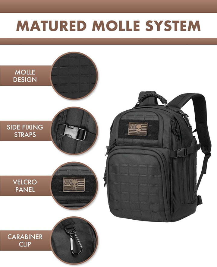 Men's 35L tactical adventure gear backpack. Durable hiking bag with MOLLE for extended outdoor use.