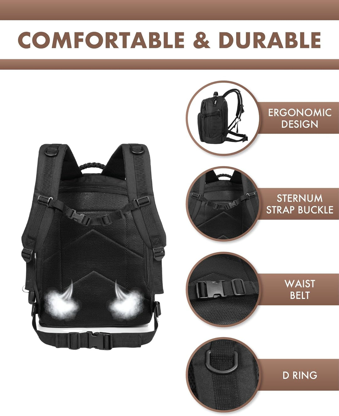 Practical 35L tactical backpack, men's rugged pack. MOLLE system & 15.6" laptop storage for travel.