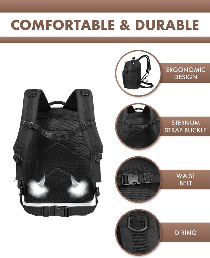 Practical 35L tactical backpack, men's rugged pack. MOLLE system & 15.6" laptop storage for travel.