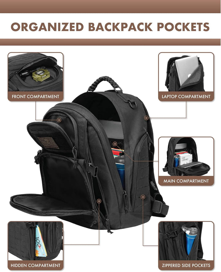 Outdoor daypack: 35L men's tactical backpack with MOLLE. Perfect for hiking, travel, & laptop carry.