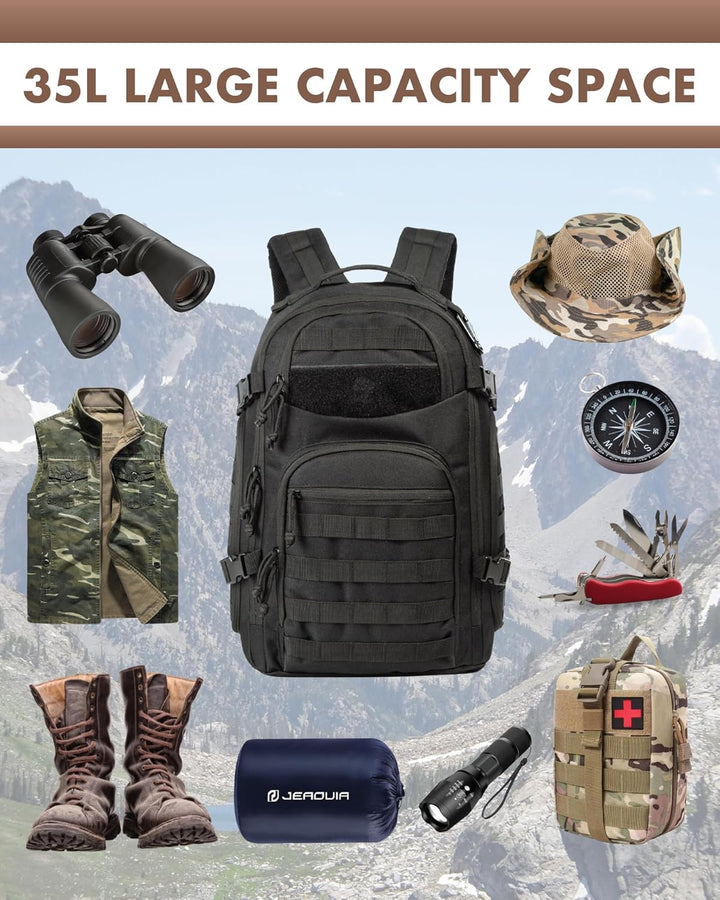 Adventure-ready 35L tactical backpack for men. Features MOLLE, a rugged outdoor pack & laptop storage.