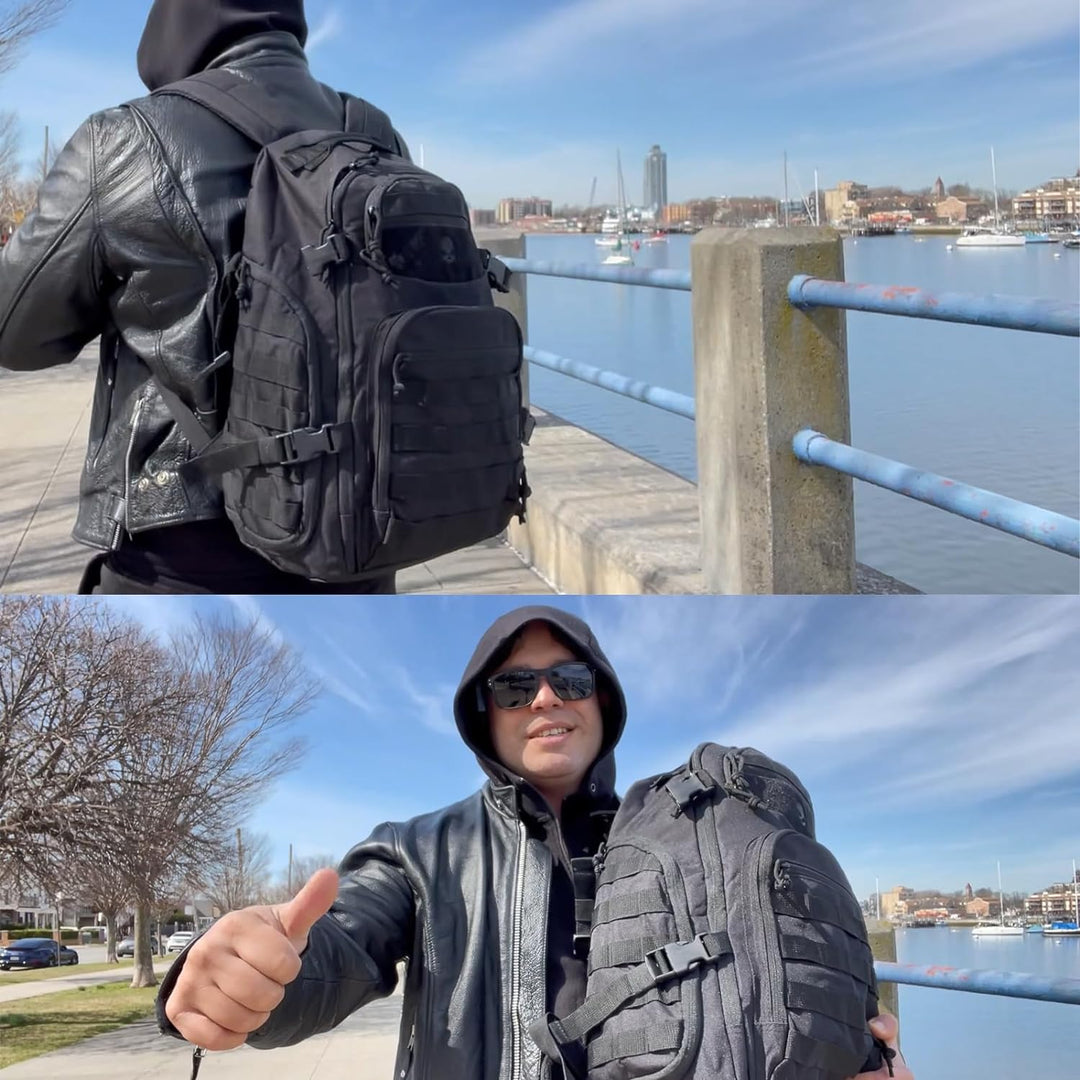 Durable 35L outdoor tactical backpack, features MOLLE web system. Perfect hiking bag & travel companion.