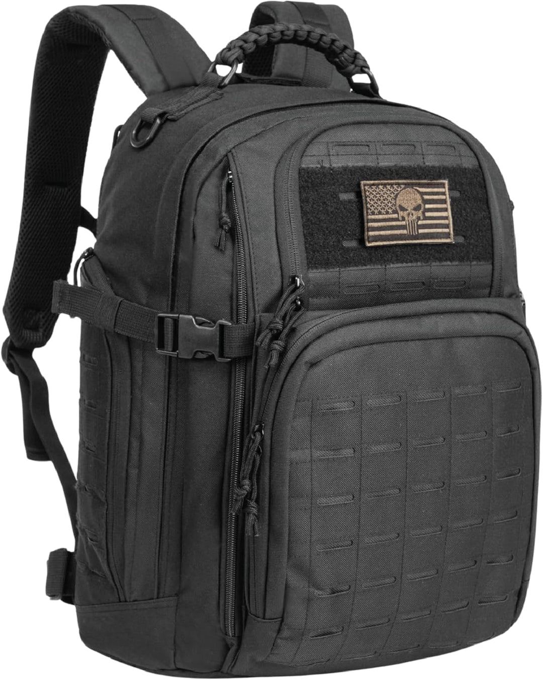 Side view of a 35L tactical hiking bag. Robust outdoor pack with extensive MOLLE attachments.