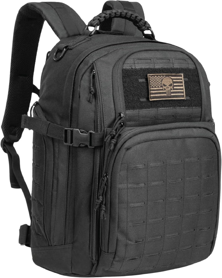 Side view of a 35L tactical hiking bag. Robust outdoor pack with extensive MOLLE attachments.