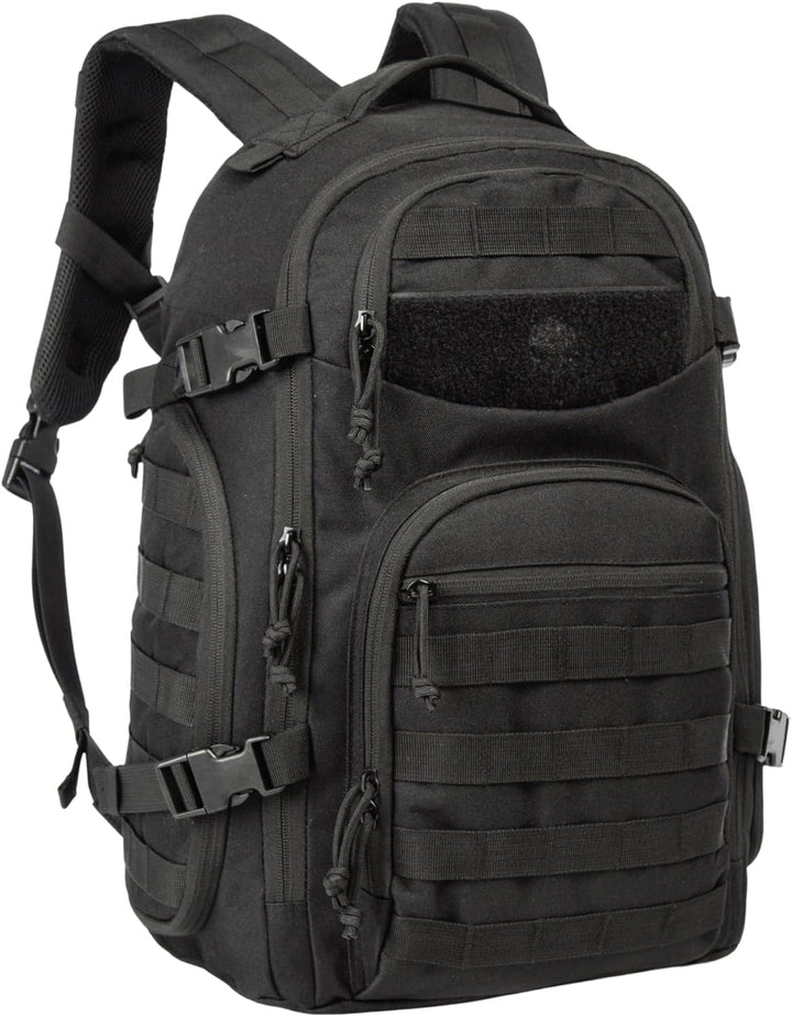 Black 35L tactical daypack for men, featuring MOLLE straps. A rugged adventure gear & laptop bag.