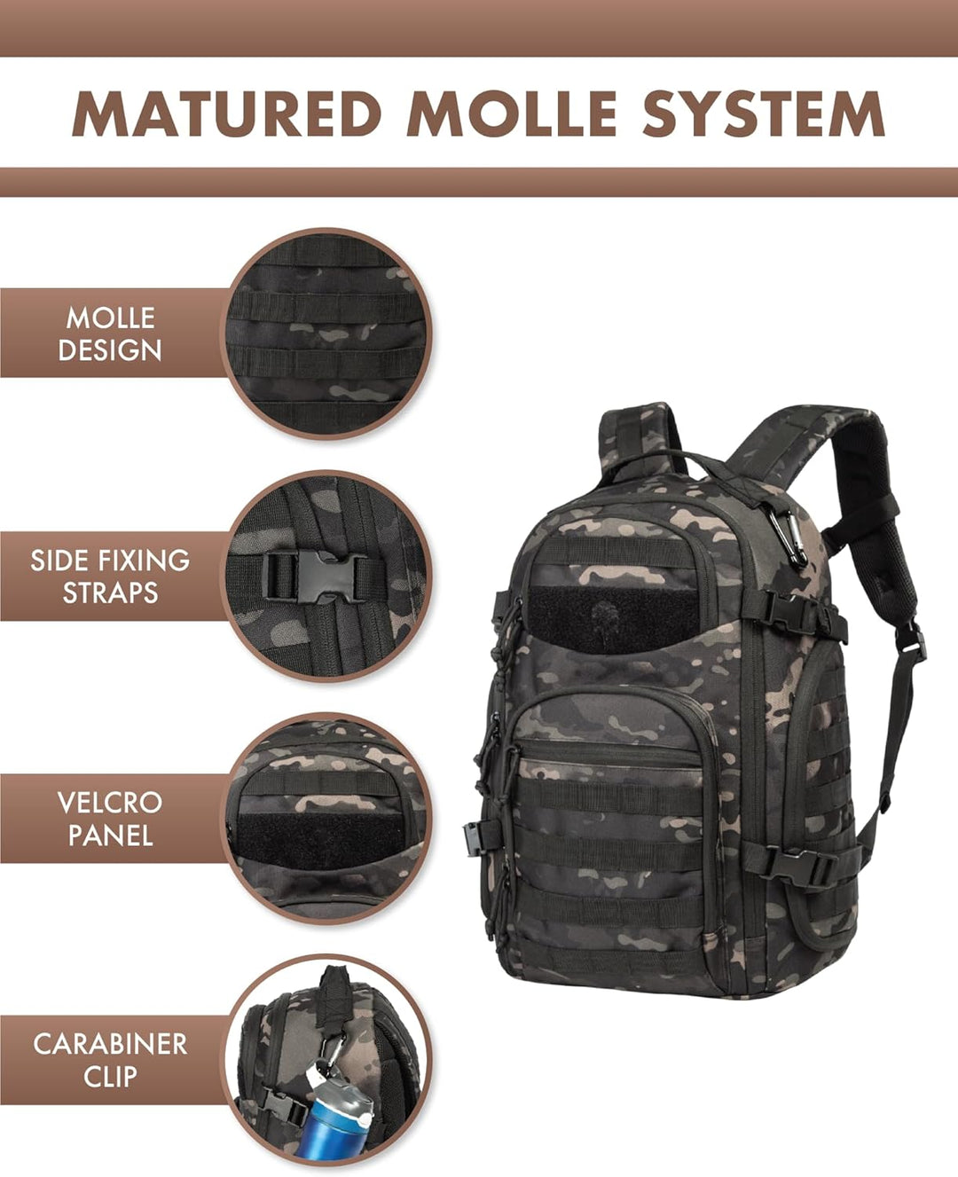 Spacious 35L outdoor pack designed for men. Tactical backpack with MOLLE & 15.6" laptop storage.