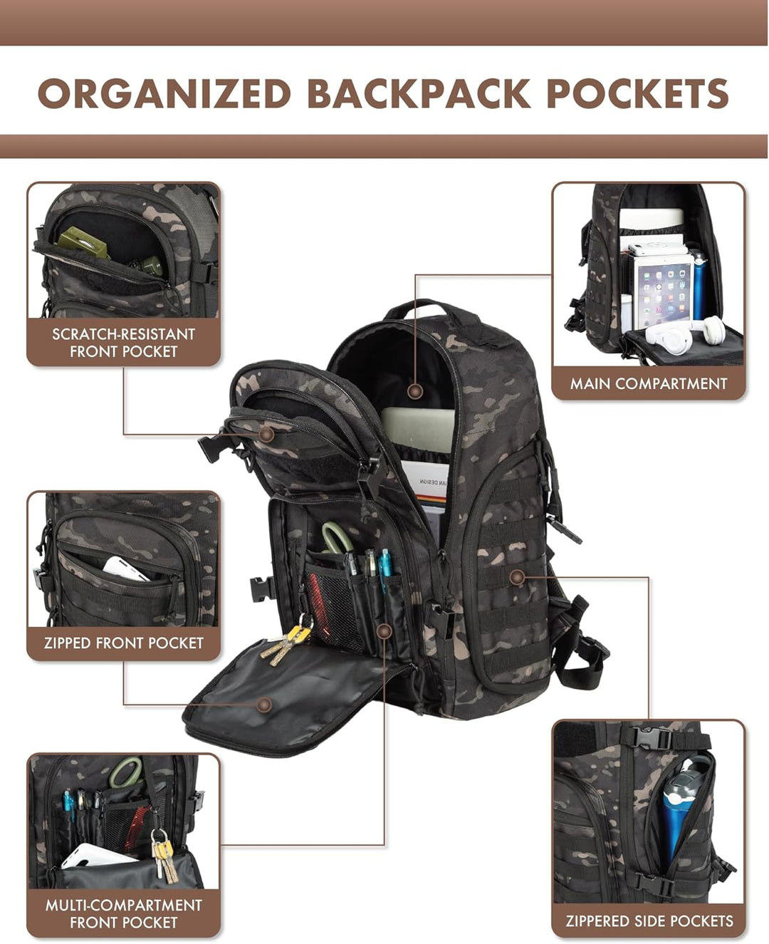 Comfortable 35L hiking bag, also a tactical backpack for men. With MOLLE & secure laptop storage.