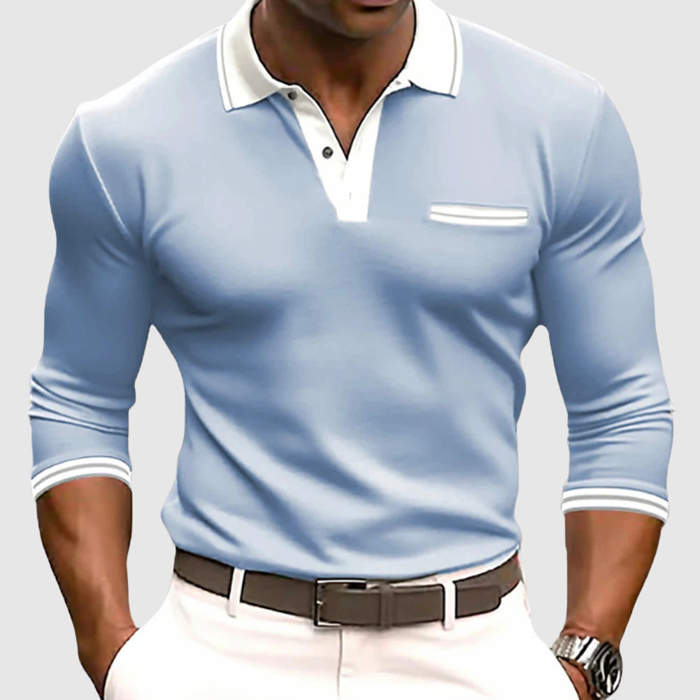 Men's active long sleeve polo shirt with contrast collar trim, ideal for casual & smart-casual wear.