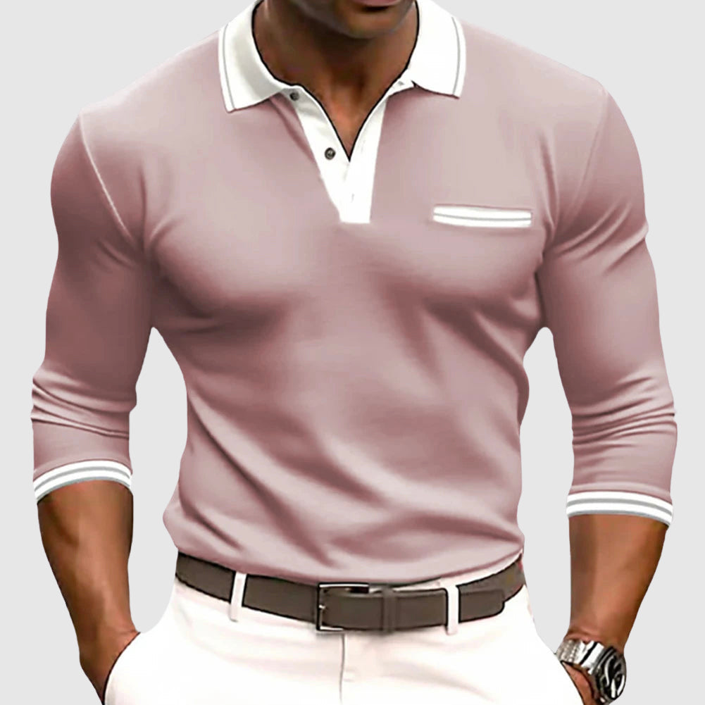 Stylish men's long sleeve polo with contrast collar & snap buttons, perfect for activewear.