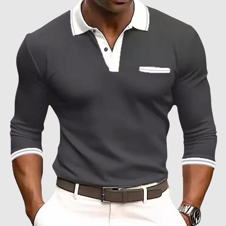 Everyday men's smart casual long sleeve polo. Features a contrast collar trim & comfortable active fabric.