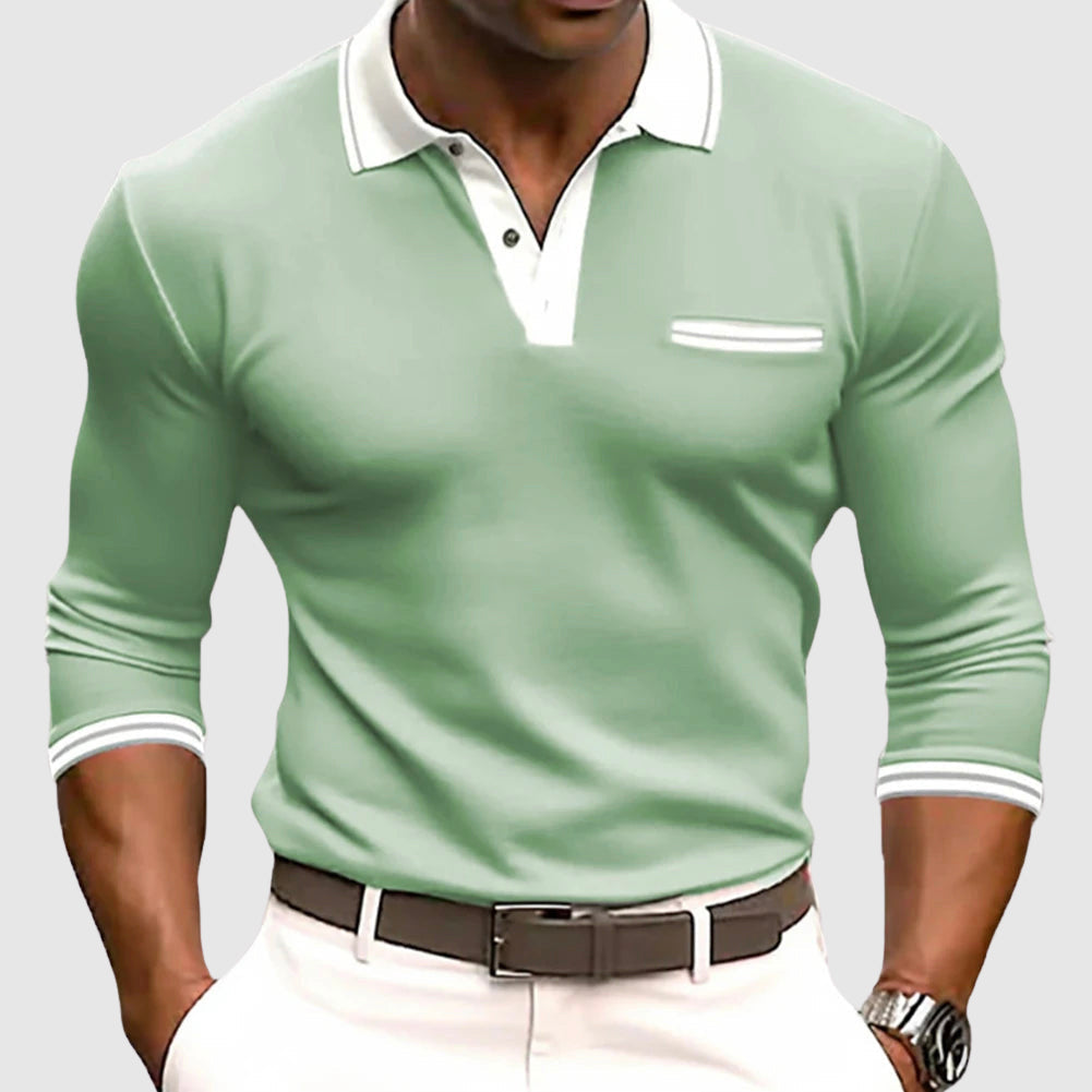 Men's fashion long sleeve polo shirt for active lifestyles. Snap buttons & contrast collar detail.