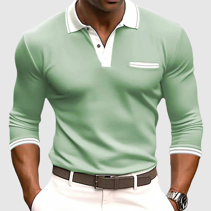 Men's fashion long sleeve polo shirt for active lifestyles. Snap buttons & contrast collar detail.