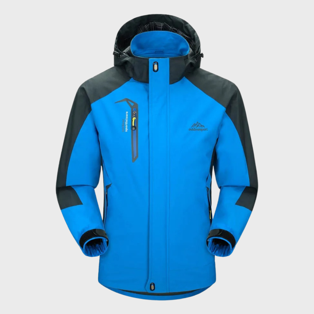 Men's all-season waterproof windbreaker jacket for outdoor weather protection.
