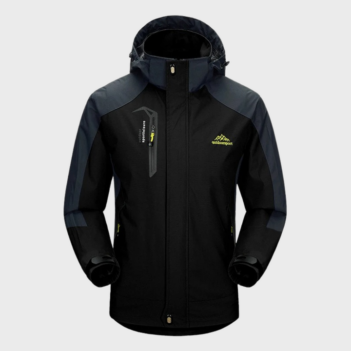 Active men's waterproof jacket, great for hiking, travel, and urban exploration.