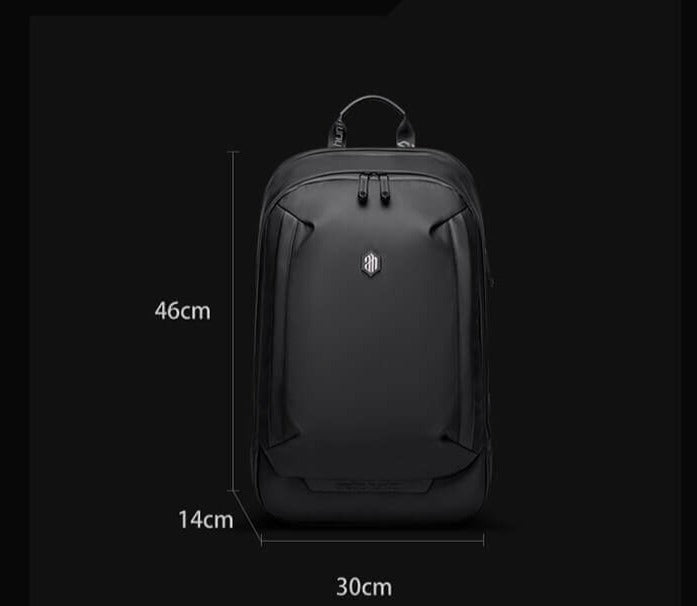 Sleek men's water-resistant backpack showing multiple secure anti-theft compartments for electronics.