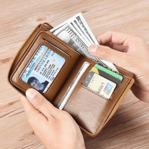 Compact men's leather card holder wallet, anti-theft technology for secure card and cash storage.