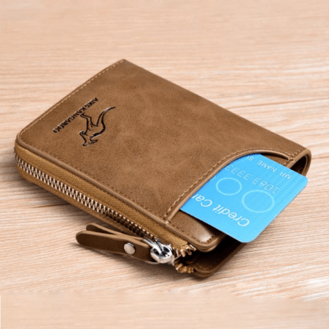 Open men's anti-theft leather wallet, revealing multiple card slots and cash compartment.