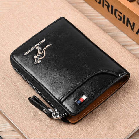 Closed men's anti-theft leather wallet, slim profile perfect for front pocket carrying essentials.